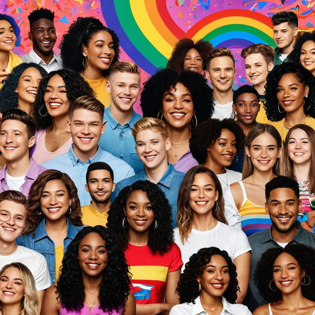 A vibrant collage of diverse LGBTQ individuals celebrating together, surrounded by iconic symbols of LGBTQ culture, like the rainbow flag and streaming media icons. The scene features people of various ethnicities and genders enjoying different media formats such as film, music, and art. The background is filled with colorful confetti and rainbow lights, signifying joy and acceptance. super-realistic. vibrant colors. white background.
