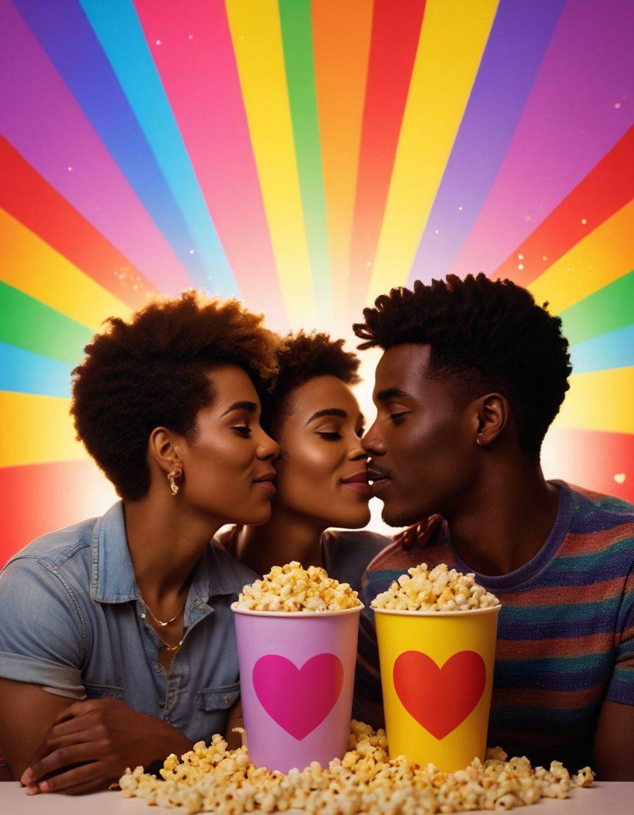 A colorful film reel unwinding, revealing iconic scenes from LGBTQ cinema, with rainbow flags and hearts artistically integrated into the background. Silhouettes of diverse couples watching together in a cozy setting, surrounded by popcorn and champagne. The atmosphere exudes joy and celebration, illustrating authenticity and inclusivity in gay adult clips and films. vibrant colors. super-realistic. soft lighting.